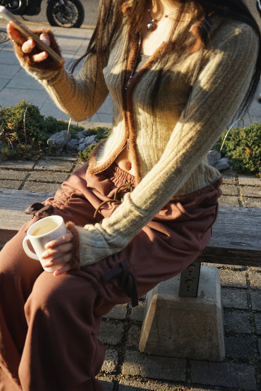 【My Picks ! 】Two Tone Zipper Knit Top / Brown