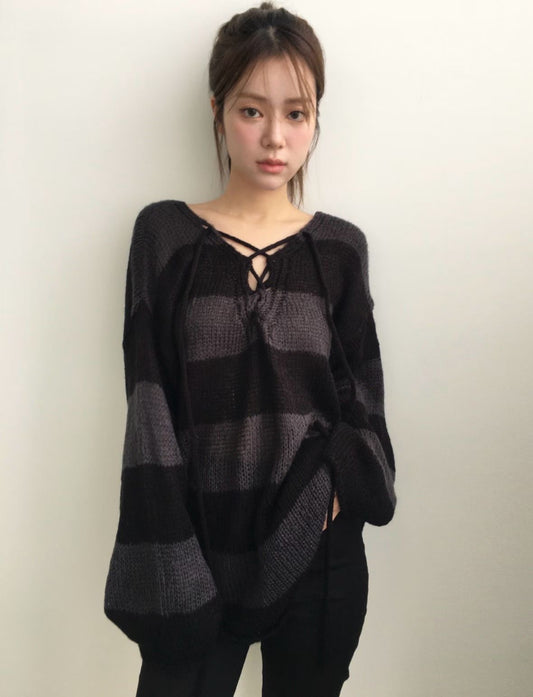 [ 超抵價！早鳥預訂款  📷 ༘ ⋆｡ ˚ ] striped knit top / black