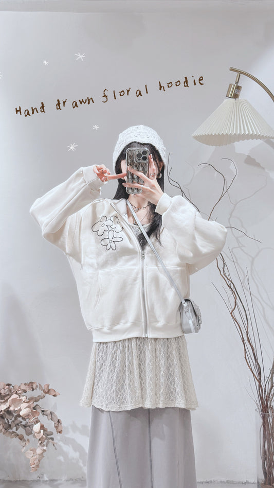 [ 預訂 ⋆𐙚 ̊ ] [ 店主自留款！] handdrawn flower hoodie / white