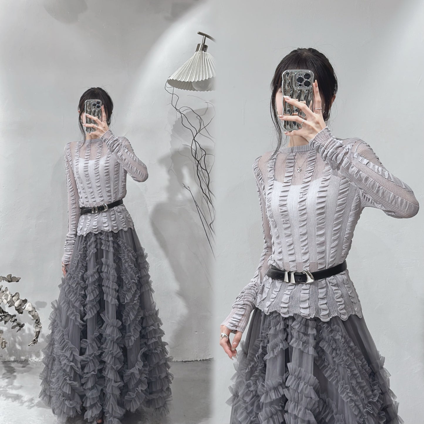 [現貨/預訂] Shirring see through top / grey