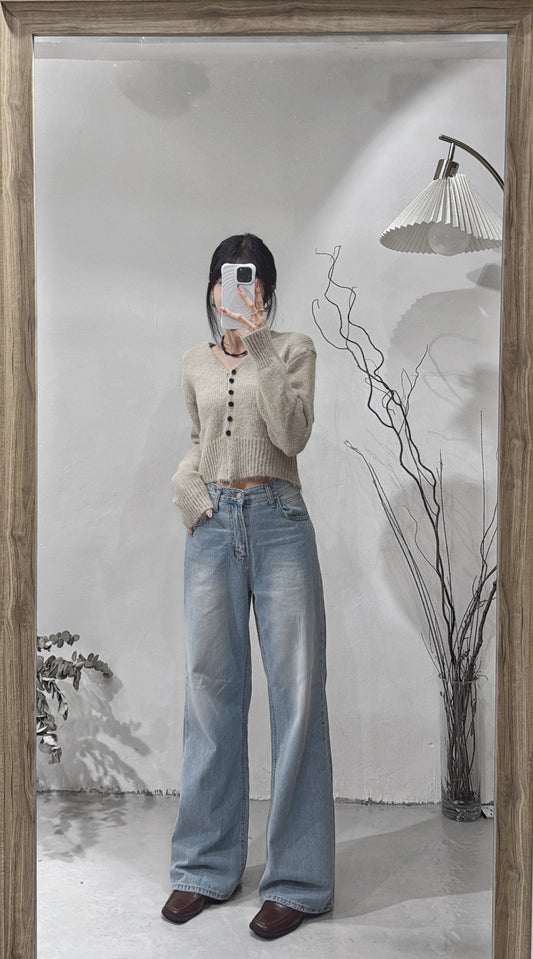 [ 店主&models' pick!] V-neck shaggy knit/ light khaki