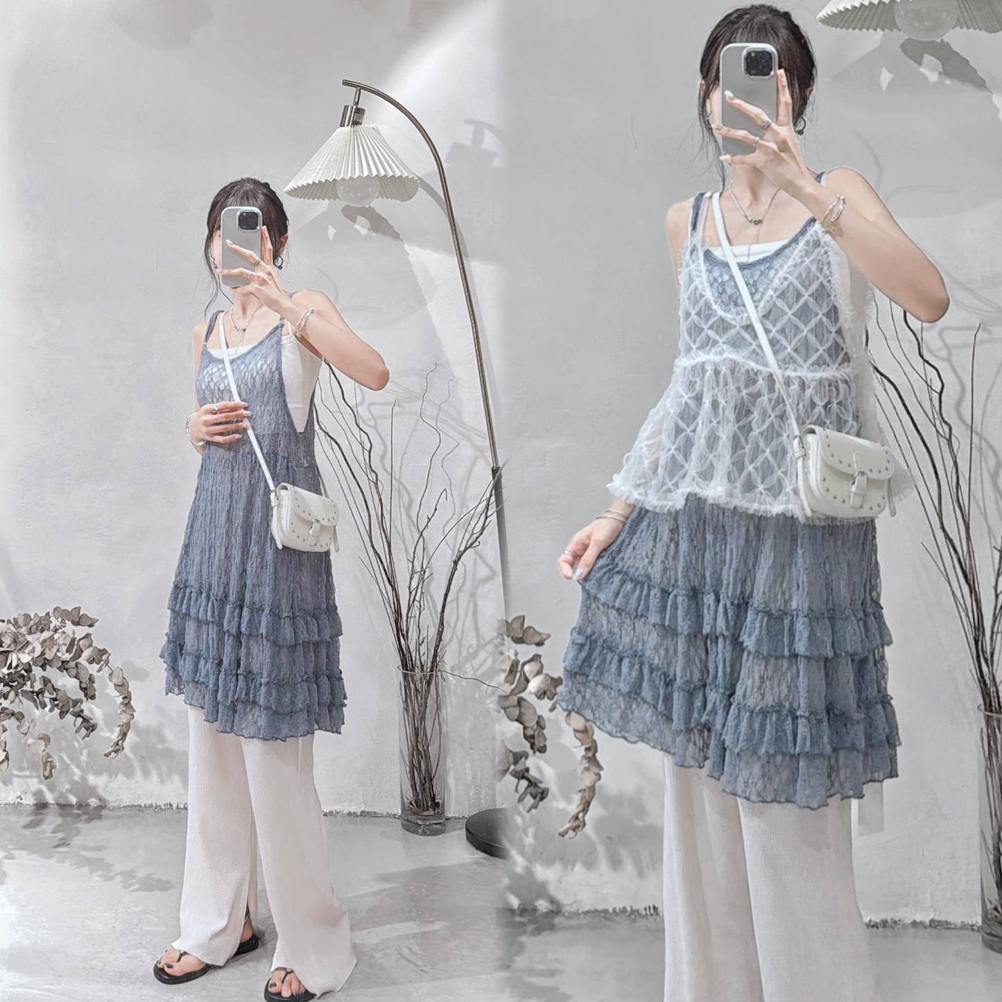 [ ˚.🎀༘⋆垂感超好! ˚.🎀༘⋆ ] lace ruffle ops / blue