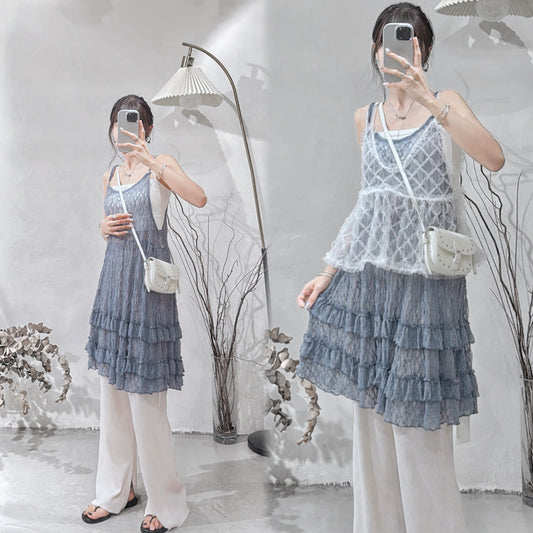 [ ˚.🎀༘⋆垂感超好! ˚.🎀༘⋆ ] lace ruffle ops / blue