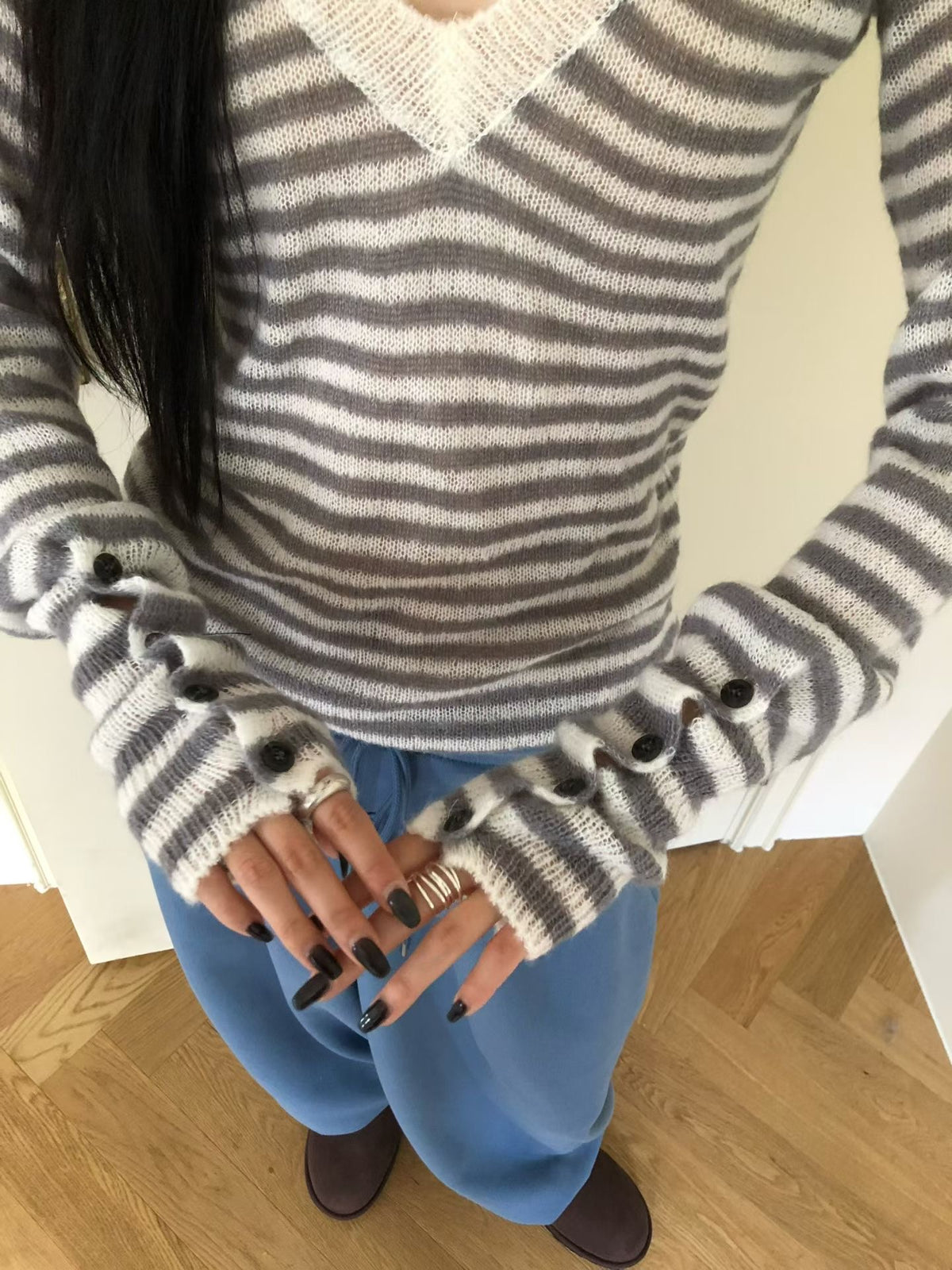 ［ 早鳥 early bird 價 🐈‍⬛✨ ] striped knit button sleeve top / 3 colors