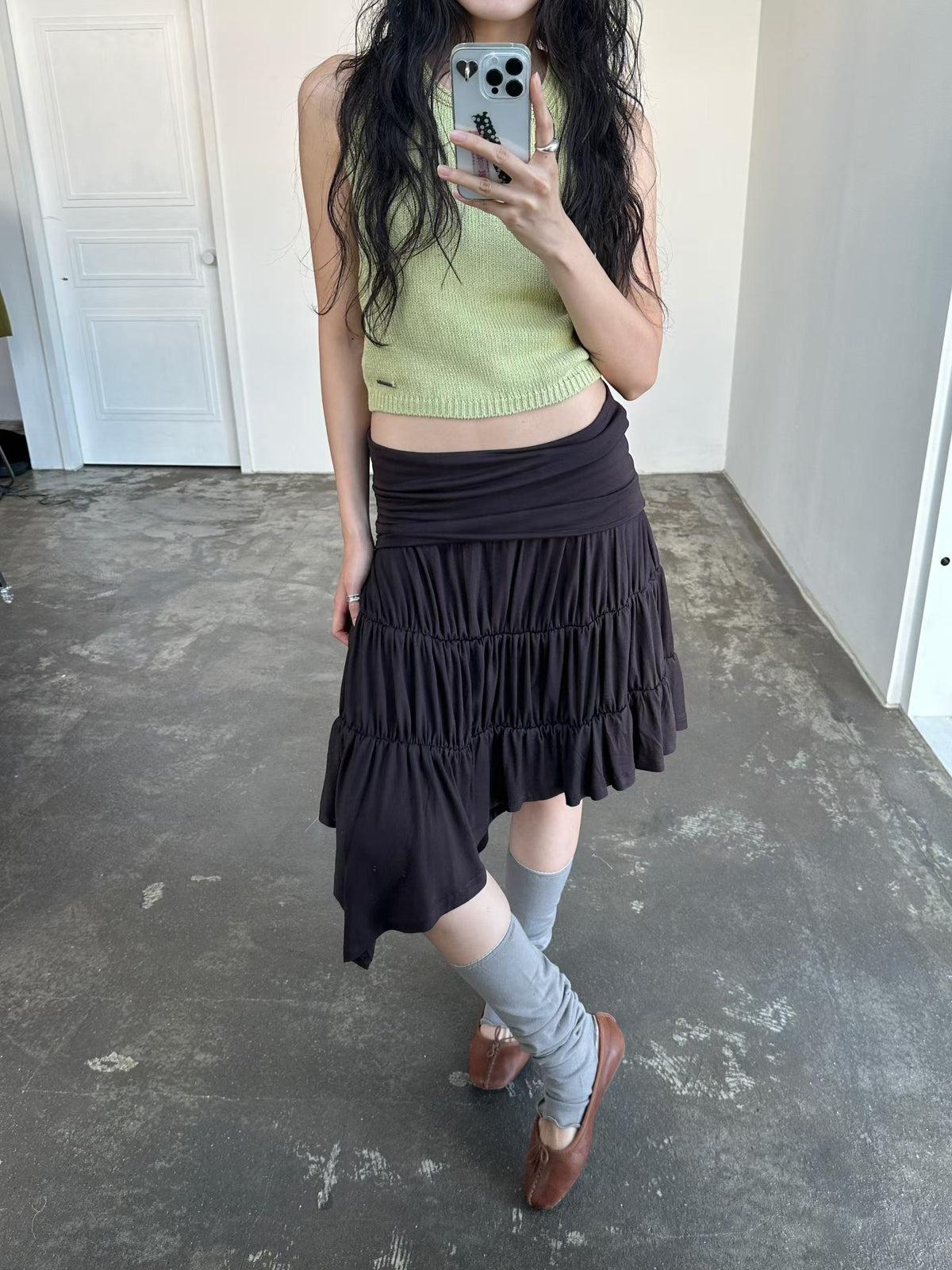 ［ 預訂 🐈‍⬛✨ ] Tiered Drape Midi Skirt / brown