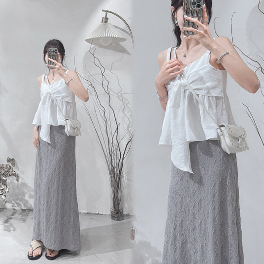 [ 🇰🇷 店主自留 𐙚⋆°⋆♡] floral tied ribbon top / white