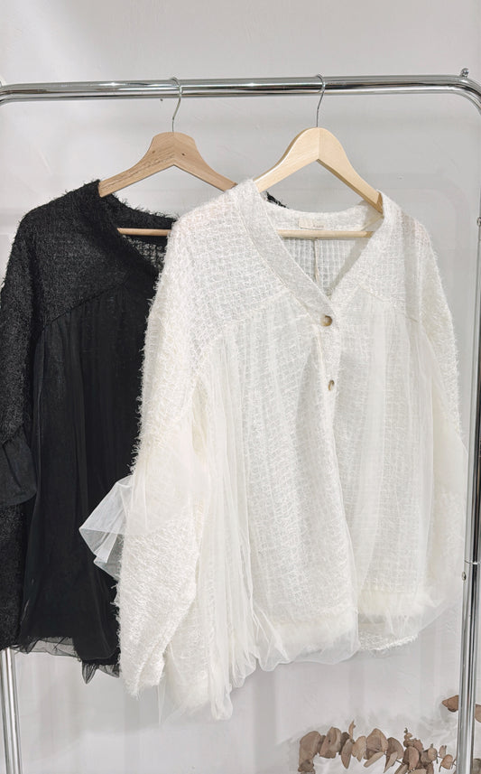 [ 現貨/預訂 ˚.🎀༘⋆] [ 羽毛 x 薄紗拼接！] Feather sheer outer / 2 colors