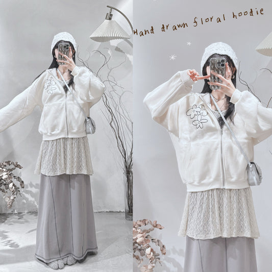 [ 預訂 ⋆𐙚 ̊ ] [ 店主自留款！] handdrawn flower hoodie / white