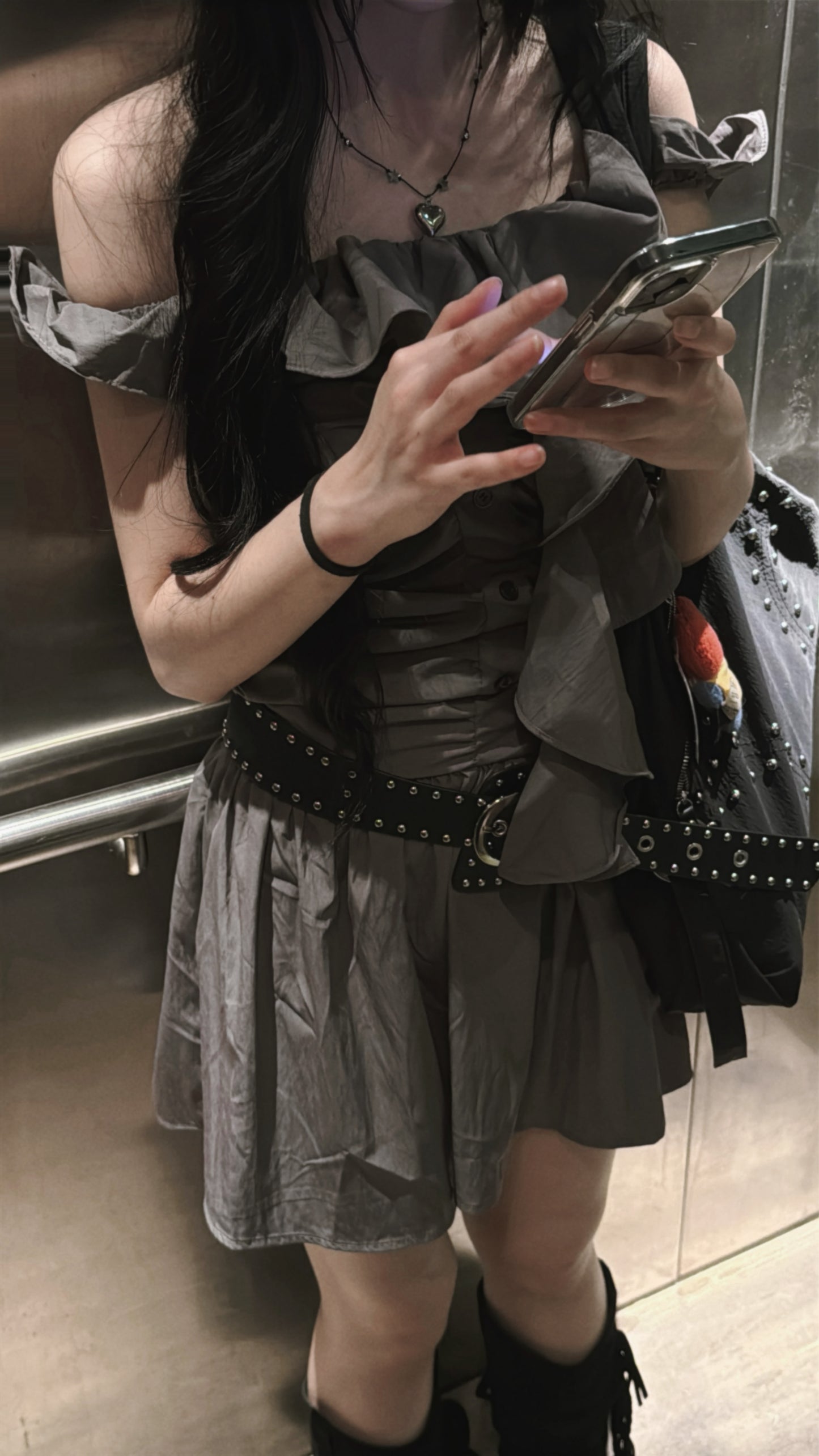 [ 預訂˚.🎀༘⋆ ] Ruffle belted ops / charcoal