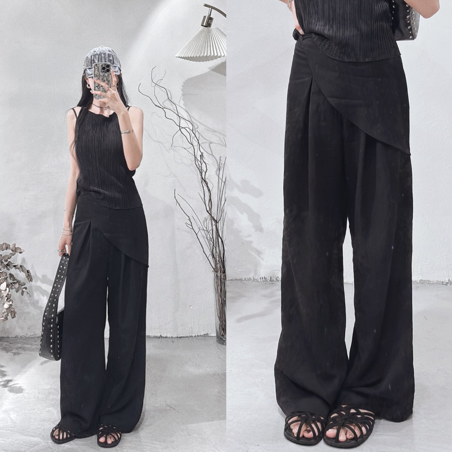 [ 涼爽布料 𐙚⋆°⋆♡] layered pants / black