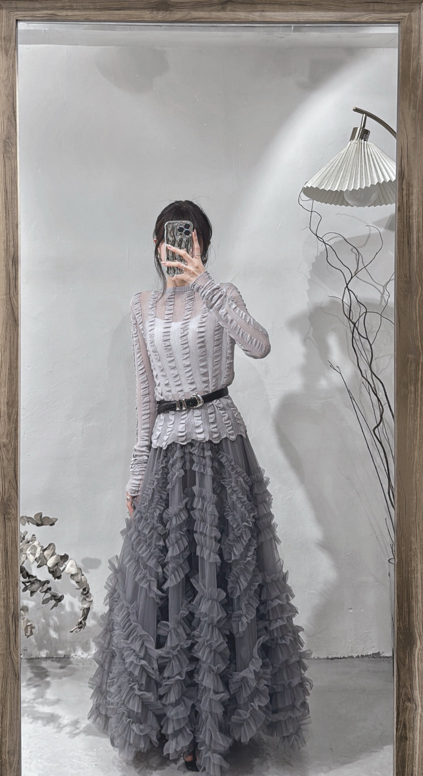 [現貨/預訂] Shirring see through top / grey