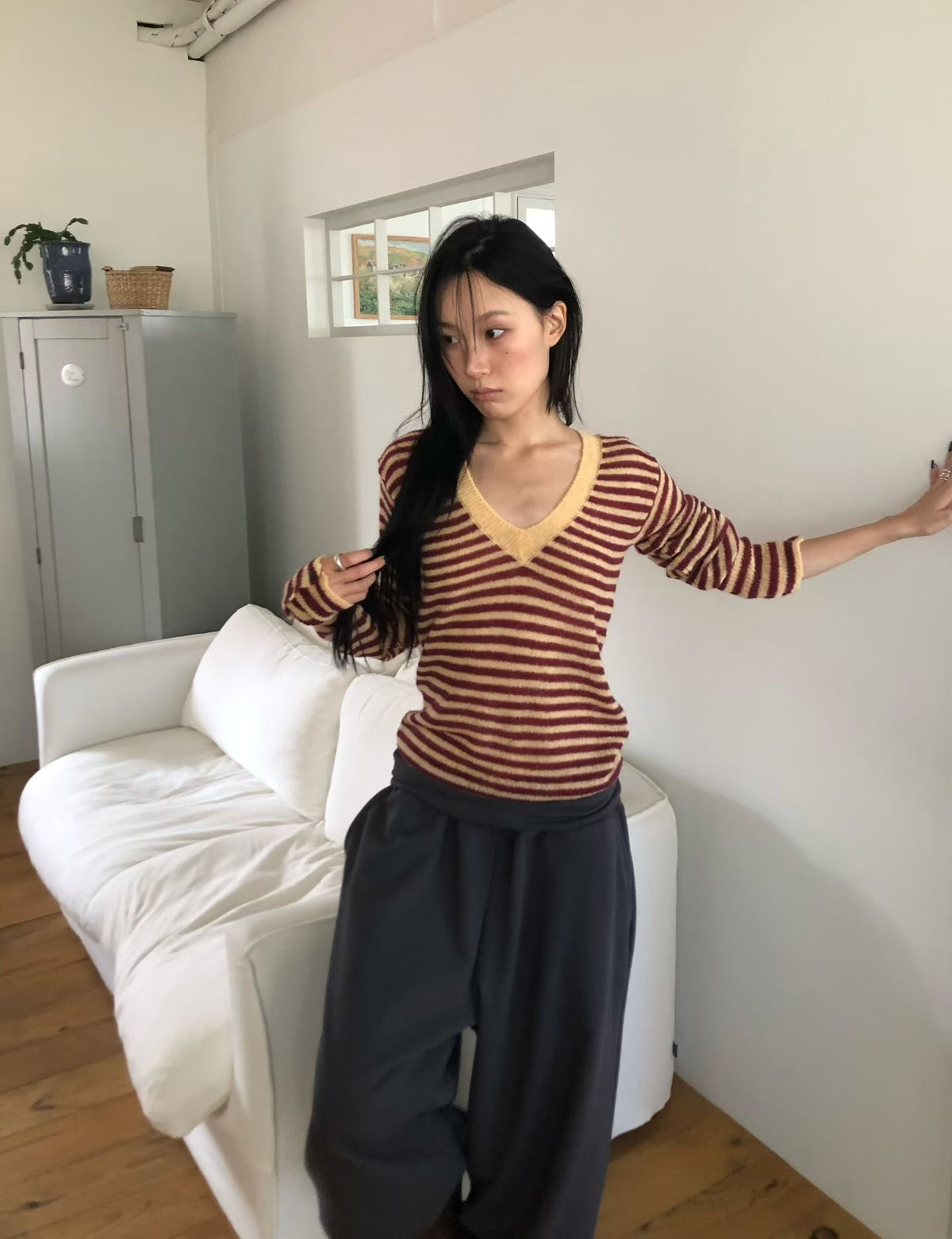 ［ 早鳥 early bird 價 🐈‍⬛✨ ] striped knit button sleeve top / 3 colors