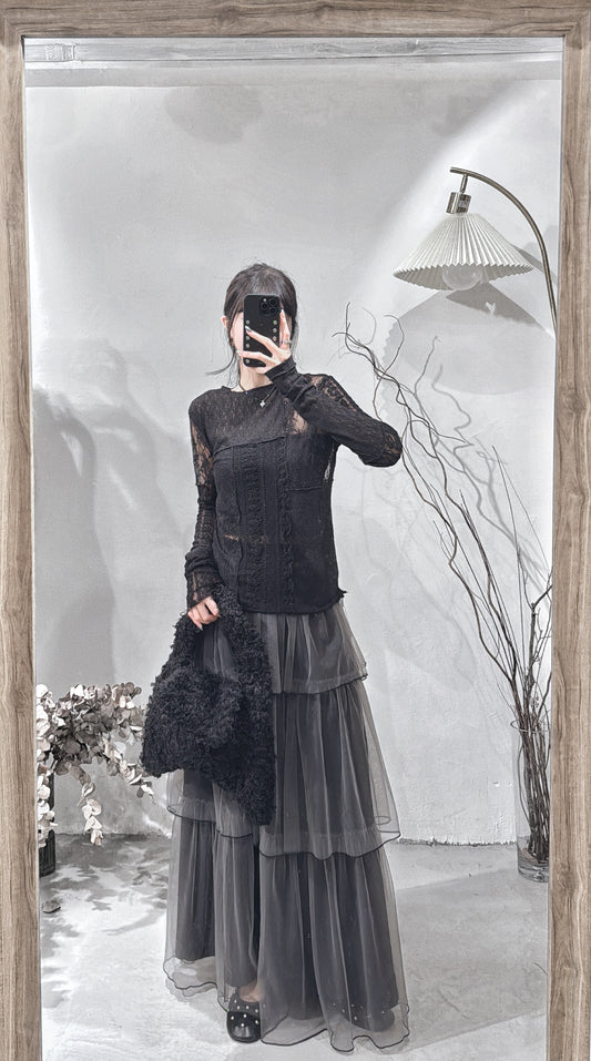 [ 預訂/現貨 📷 ༘ ⋆｡ ˚ ] patchwork lace top / black