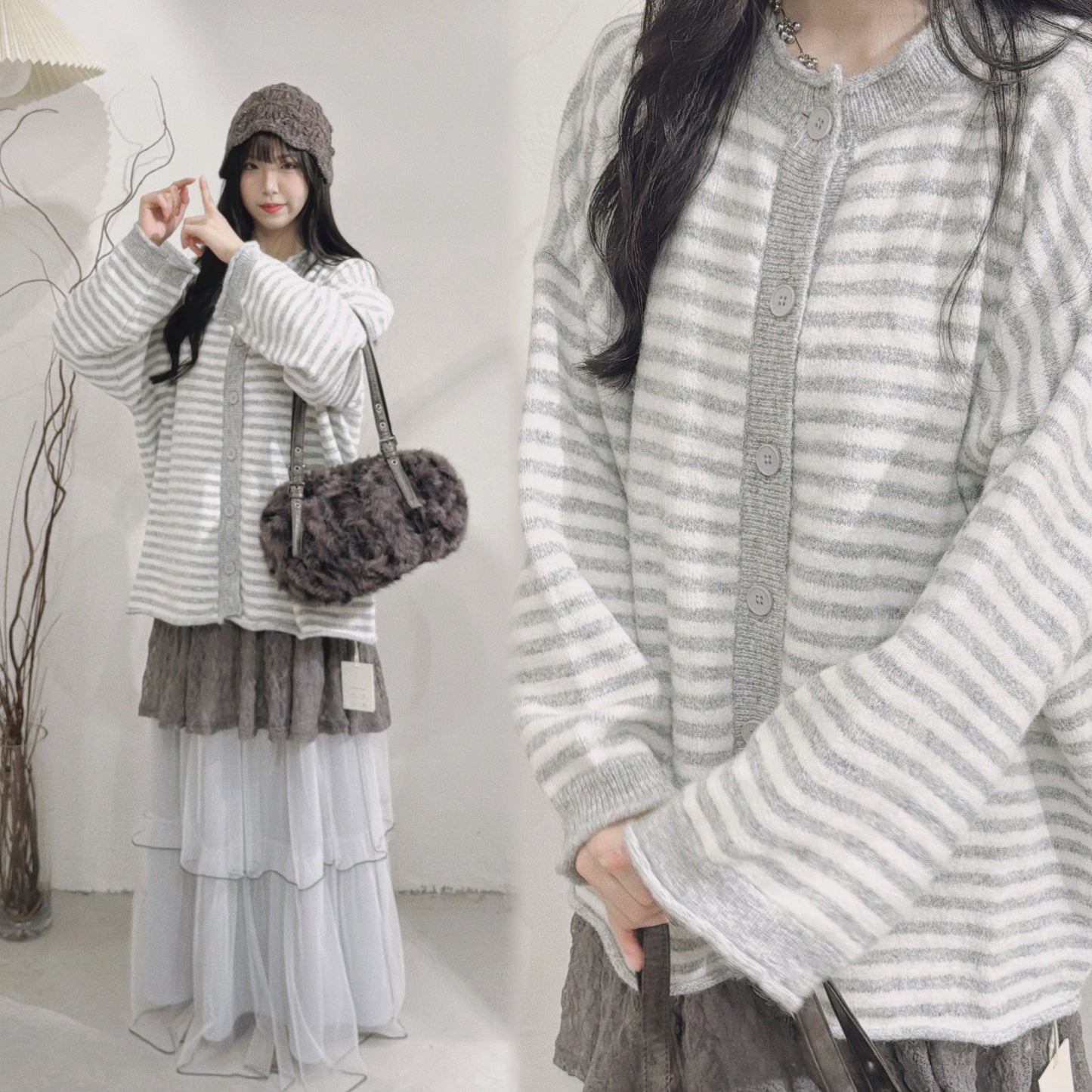 [ 現貨/預訂⋆⁺₊❅ ] striped knit outer / grey
