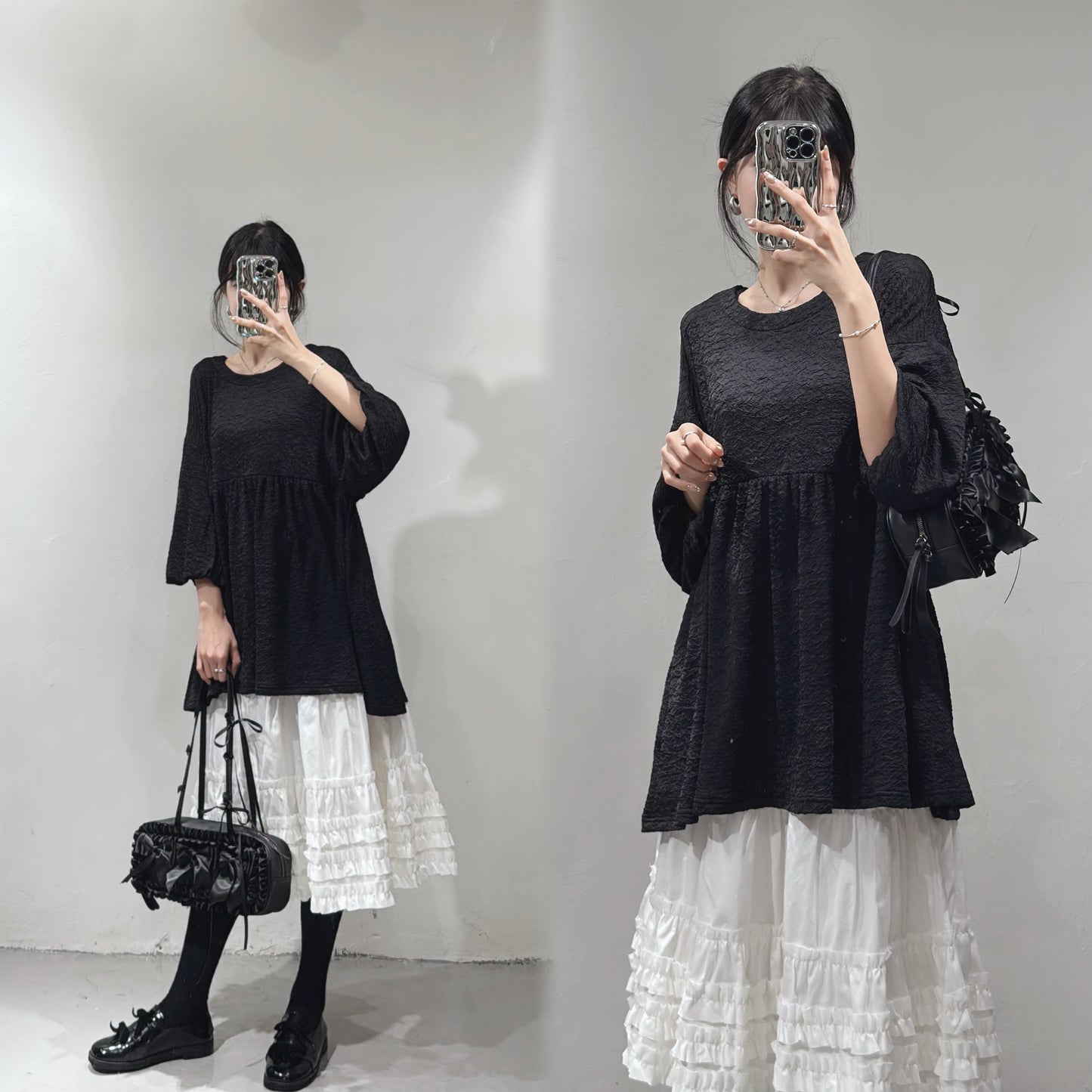 [ 質地輕薄！] textured ballon sleeve top / black
