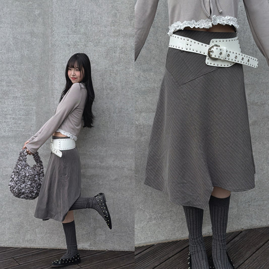 [ 預訂⋆𐙚 ̊. ] [ 店主自留款！必入！]  Striped unbalanced mid skirt / grey