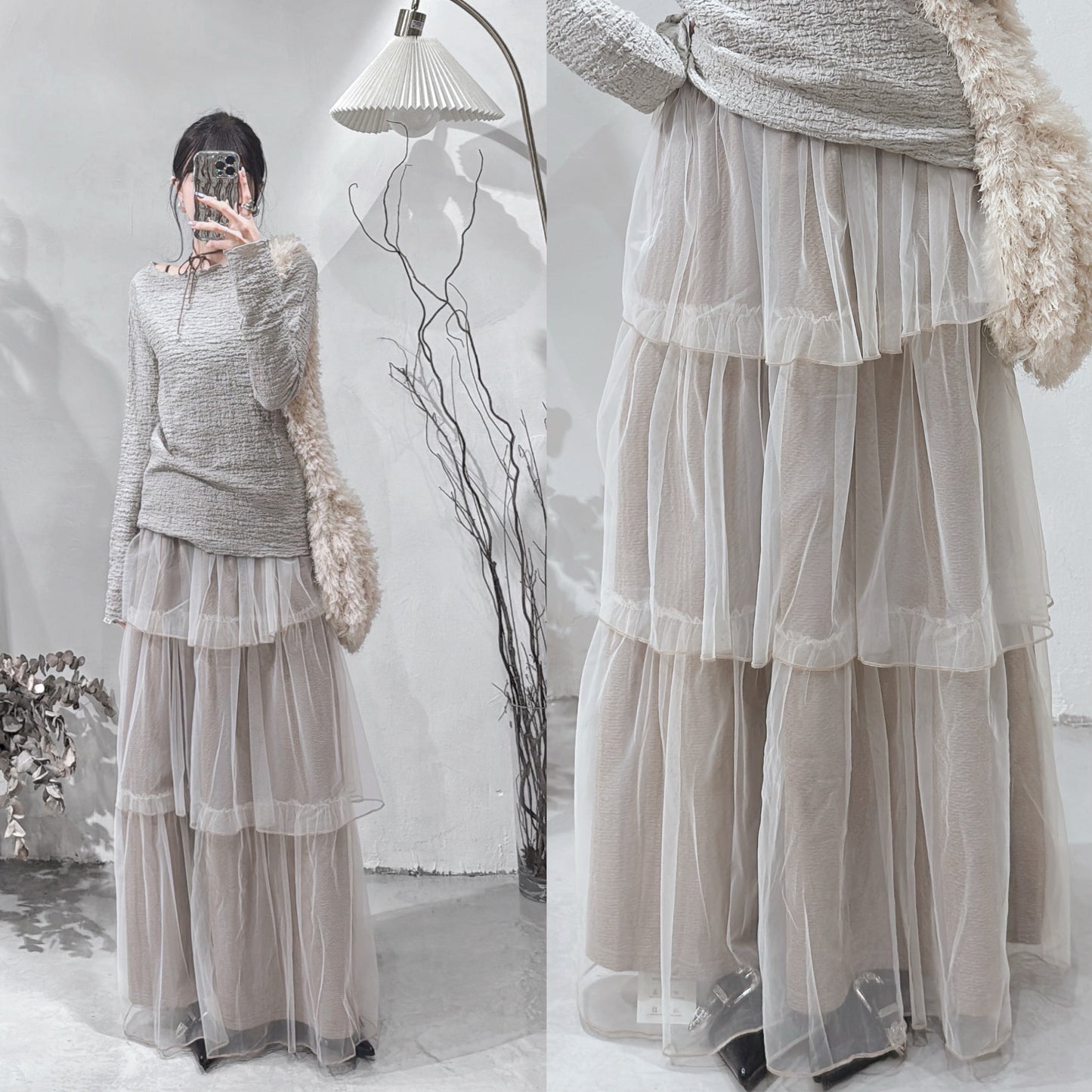 [ 現貨/預訂𐙚⋆˚ ] [ new color! ] [ earth tone 愛好者必入手！] sheer cake skirt / brown