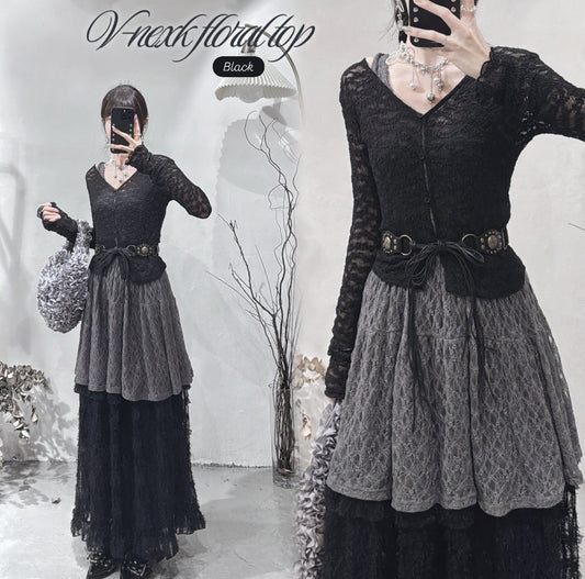 [ 預訂⋆.𐙚 ̊  ] [ 店主自留款！] floral print v-neck top / black