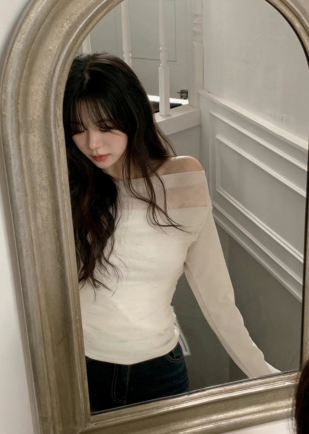 [ dating look get! 🥂] mesh off shoulder top / ivory
