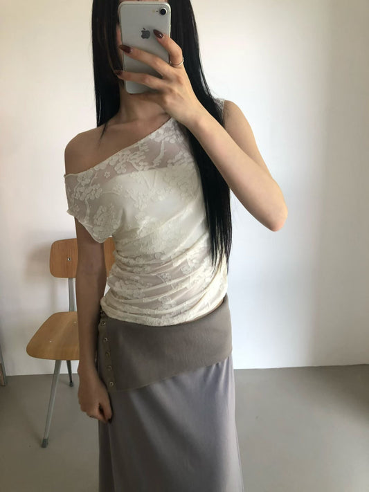 patterned shirring tee / 3 colors