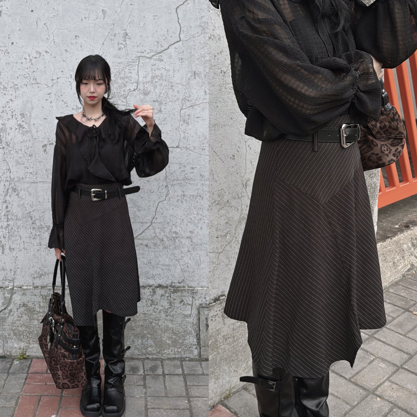 [ 預訂⋆𐙚 ̊. ] [ 店主自留款！必入！]  Striped unbalanced mid skirt / black