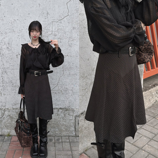 [ 預訂⋆𐙚 ̊. ] [ 店主自留款！必入！]  Striped unbalanced mid skirt / black