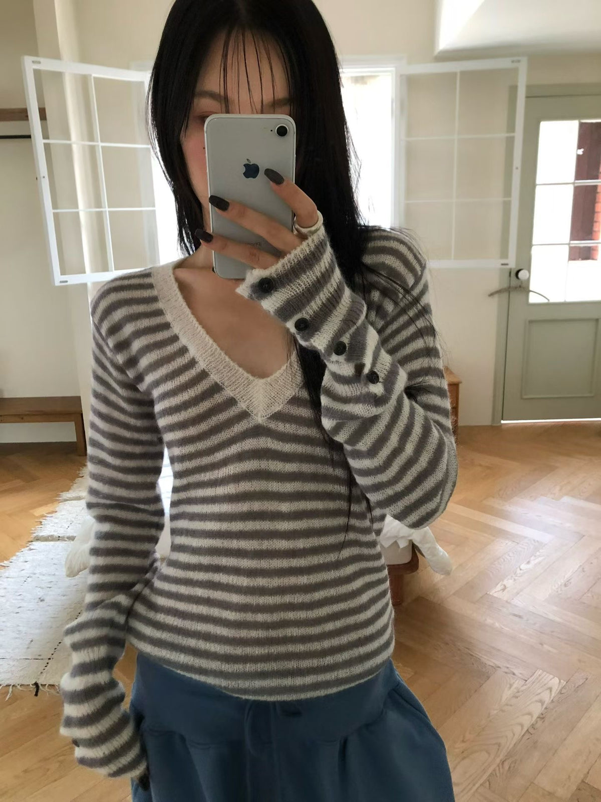 ［ 早鳥 early bird 價 🐈‍⬛✨ ] striped knit button sleeve top / 3 colors