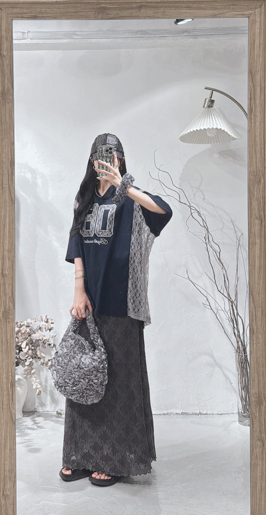 [ 預訂 🪽⋆ ] Lace Spliced Jersey Tee / navy