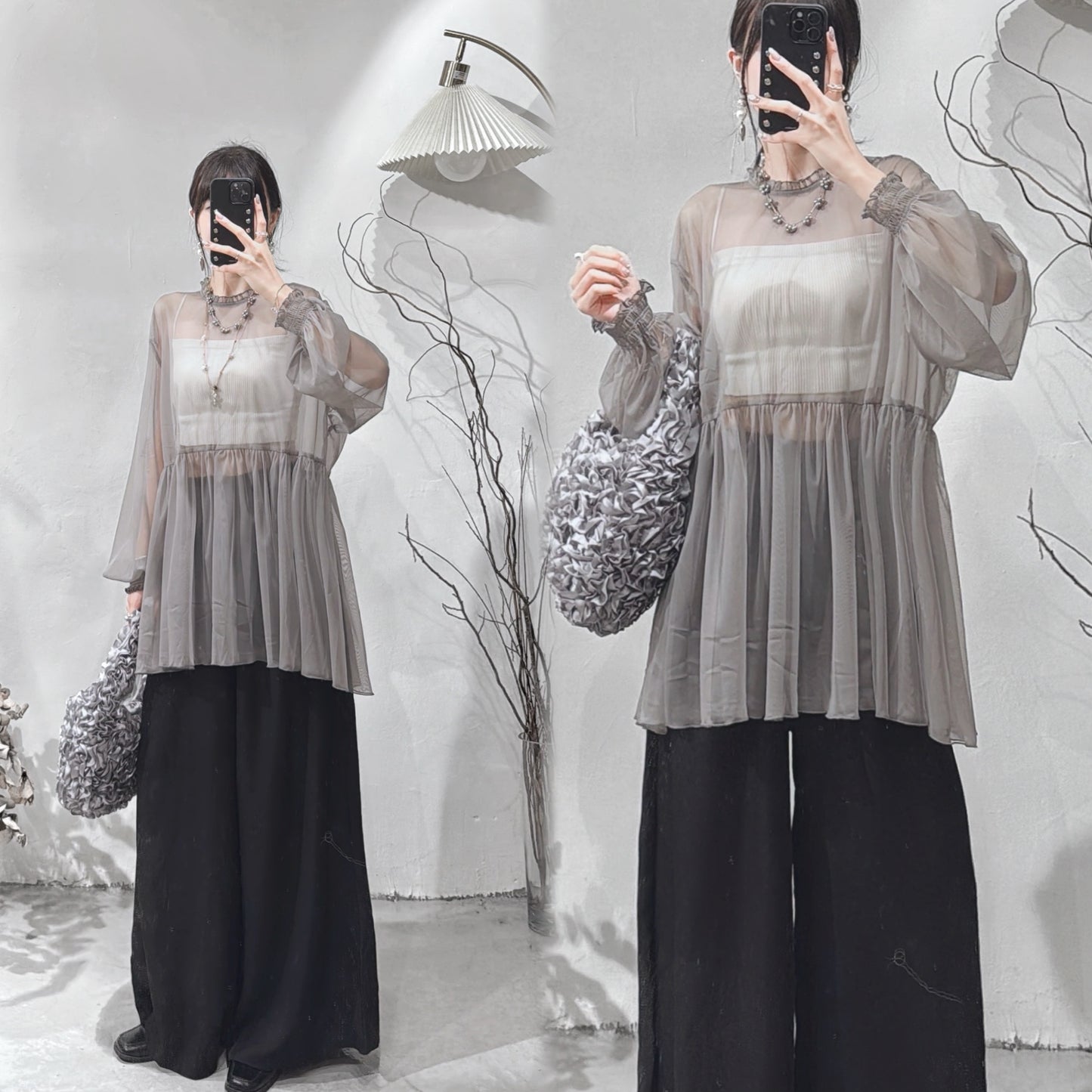 [ 現貨/預訂 ⋆.𐙚 ̊ ] [ 輕身！通透感！] Collared blouse / grey