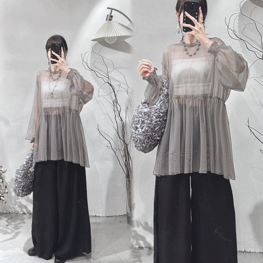 [ 現貨/預訂 ⋆.𐙚 ̊ ] [ 輕身！通透感！] Collared blouse / grey