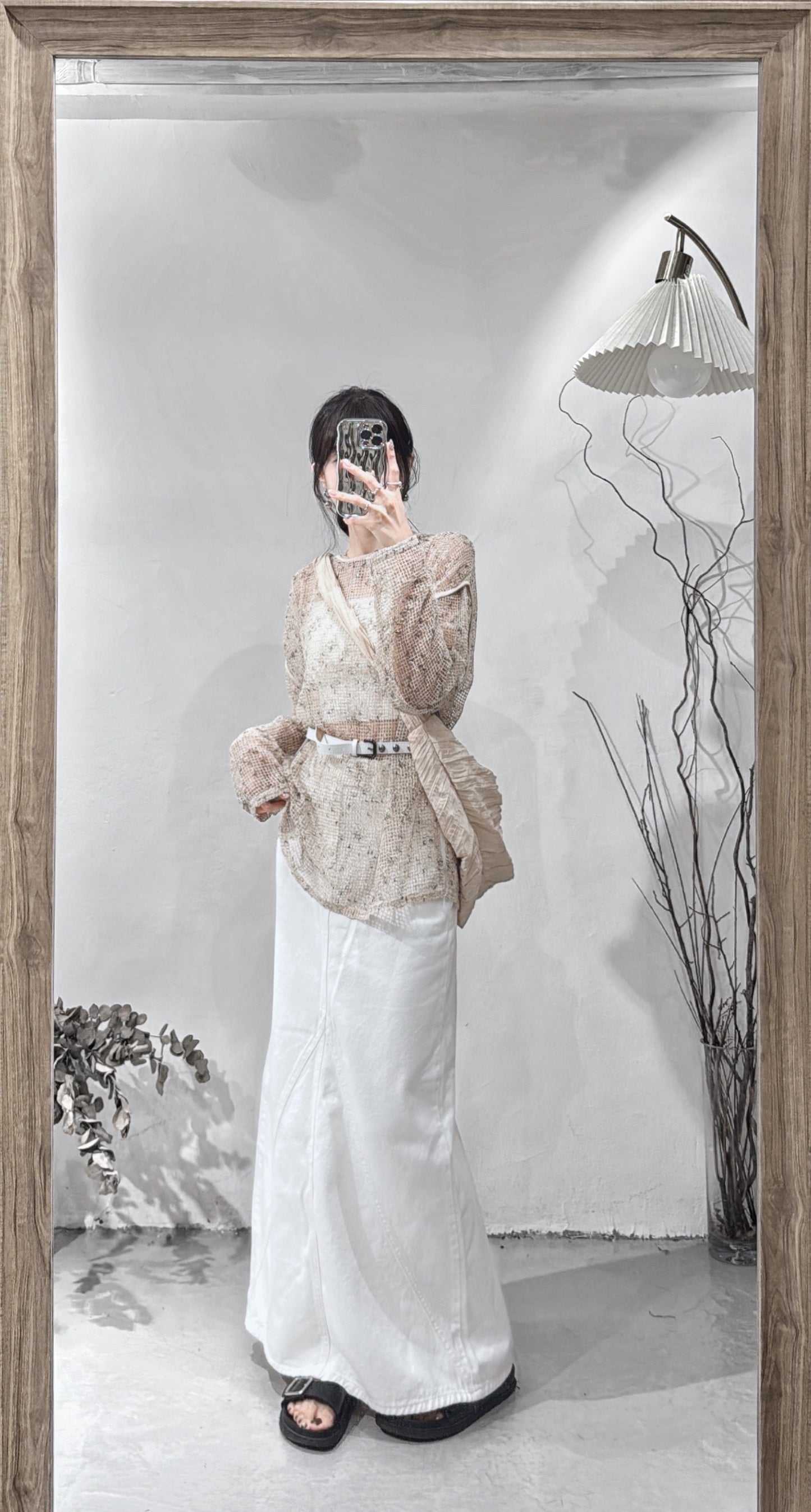 [ 現貨/預訂 𐙚˙✧] mixed-knit mesh top / beige
