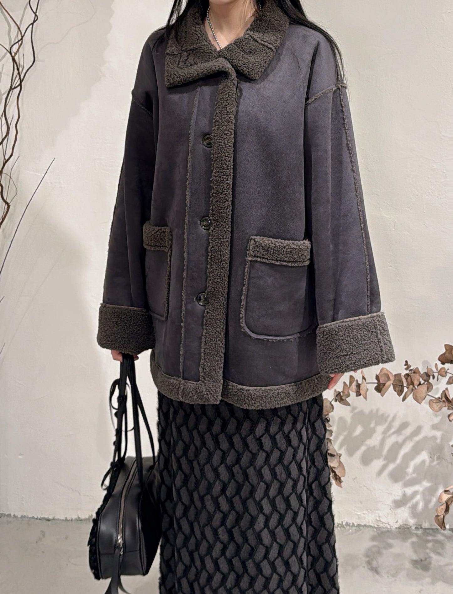 [ 現貨 / 預訂 ⋆𐙚 ̊ ] [ 店主自留！] Faux-mouton stand jacket / charcoal