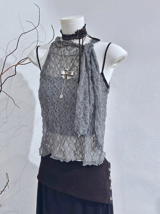 [ 現貨 🪽⋆ ՙִՙ ] [ new color! ] lace halter top • charcoal