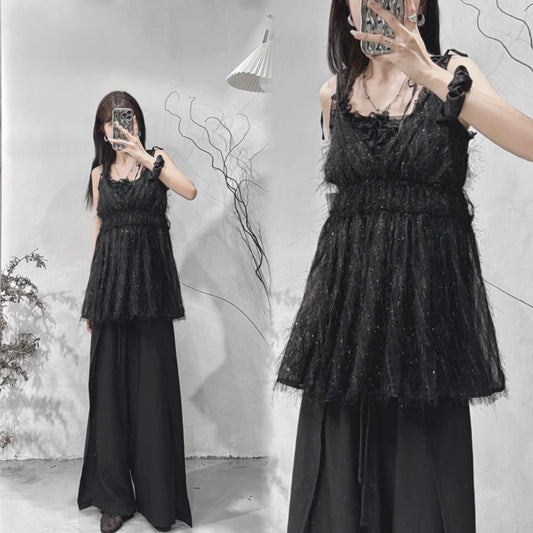 [ 店主自留！] Fringe bling bling top / black