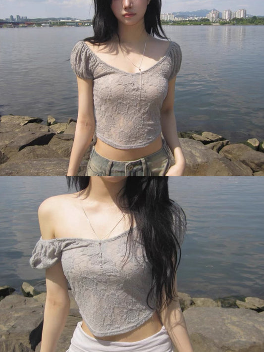 [ 預訂 𐙚˙⋆.] floral lace top / grey