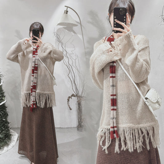 [ 預訂  📷 ༘ ⋆｡ ˚ ]fringed knit / khaki