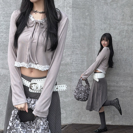 [ 預訂 ⋆𐙚 ̊. ] [ 店主自留款！] Lace tied cropped top / grey-purple
