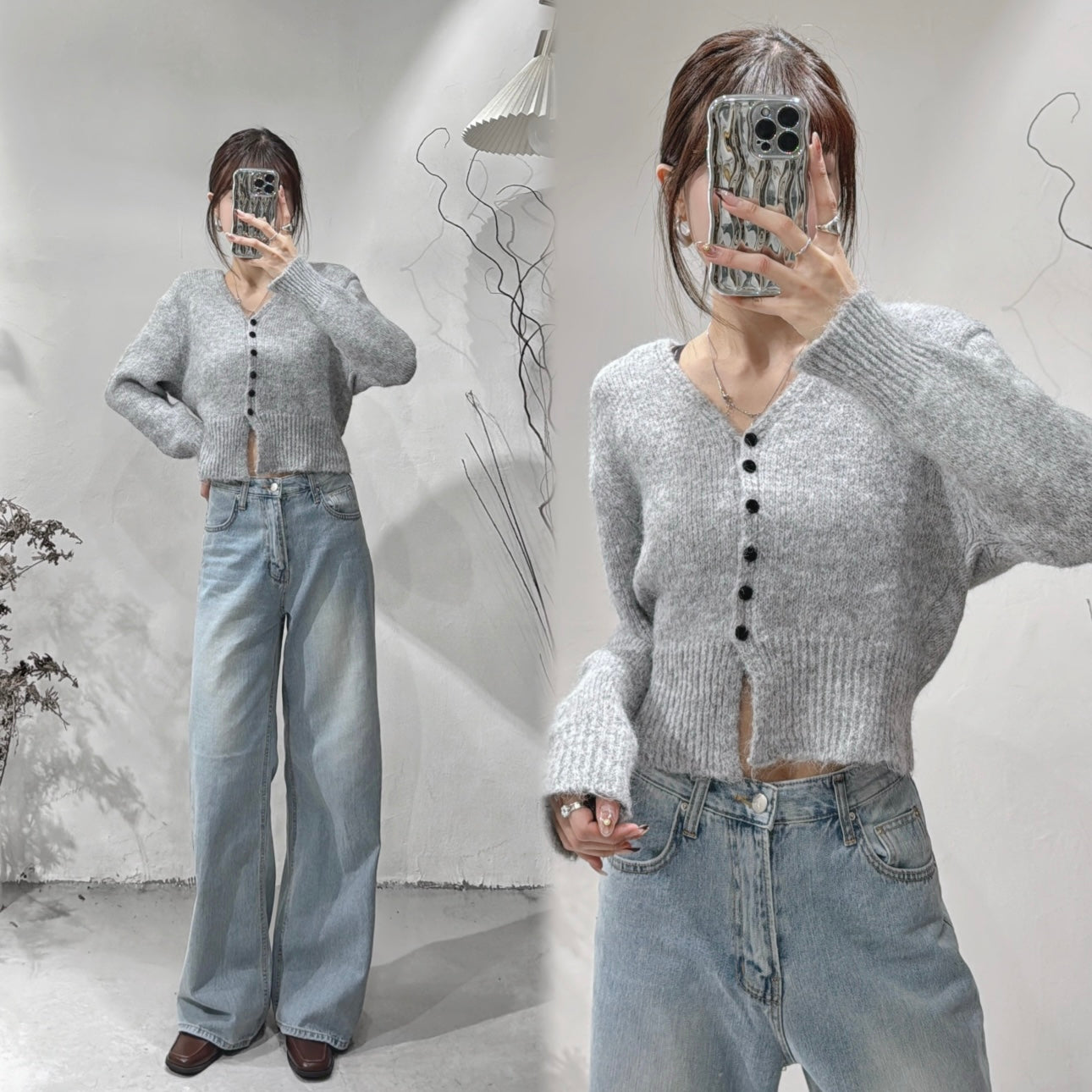 [ 店主&models' pick!] V-neck shaggy knit/ grey