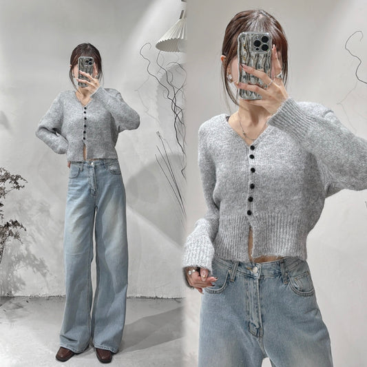 [ 店主&models' pick!] V-neck shaggy knit/ grey