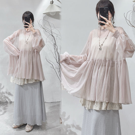 [ 現貨/預訂 ⋆.𐙚 ̊ ] [ 輕身！通透感！] Collared blouse / beige