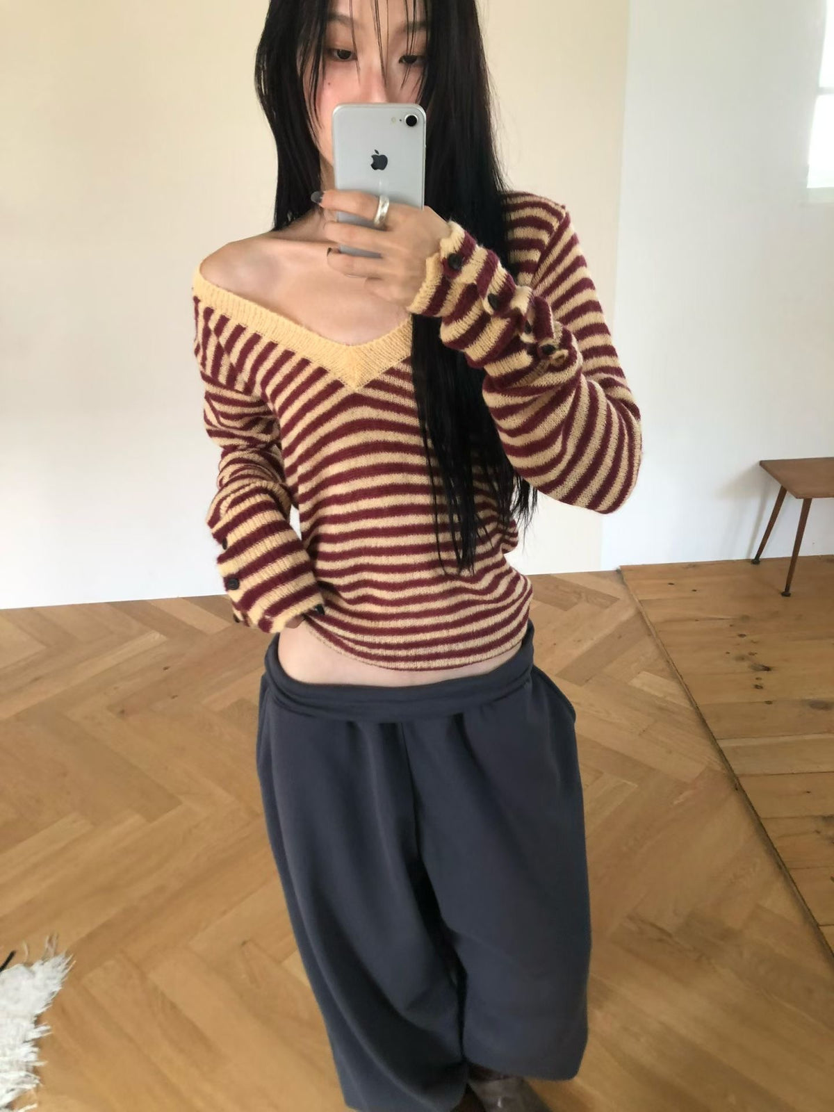 ［ 早鳥 early bird 價 🐈‍⬛✨ ] striped knit button sleeve top / 3 colors