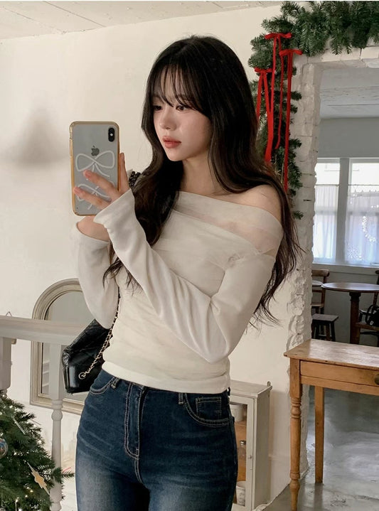 [ dating look get! 🥂] mesh off shoulder top / ivory
