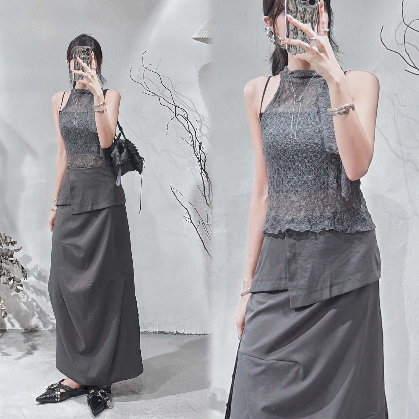 [ 現貨 🪽⋆ ՙִՙ ] [ new color! ] lace halter top • charcoal