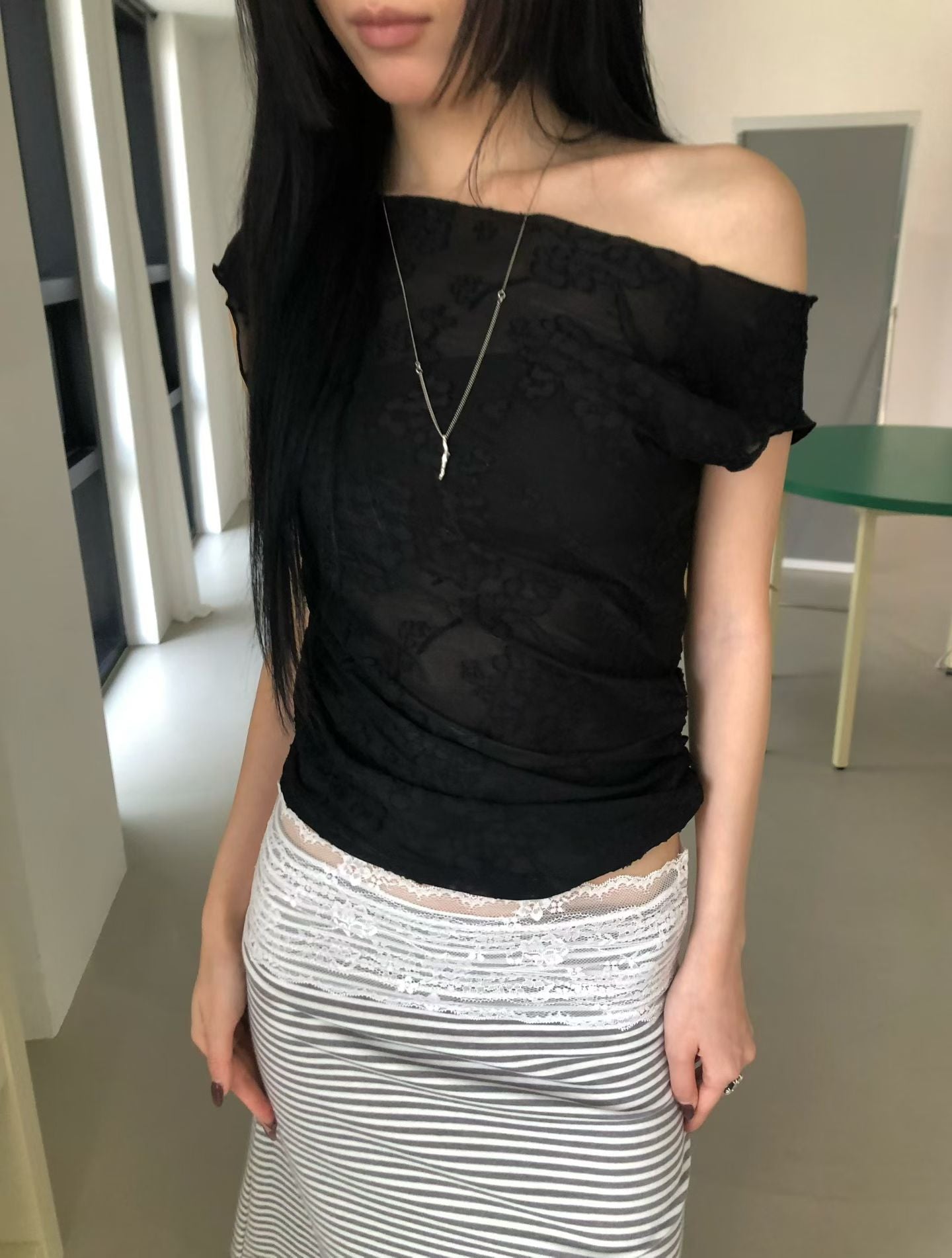 patterned shirring tee / 3 colors