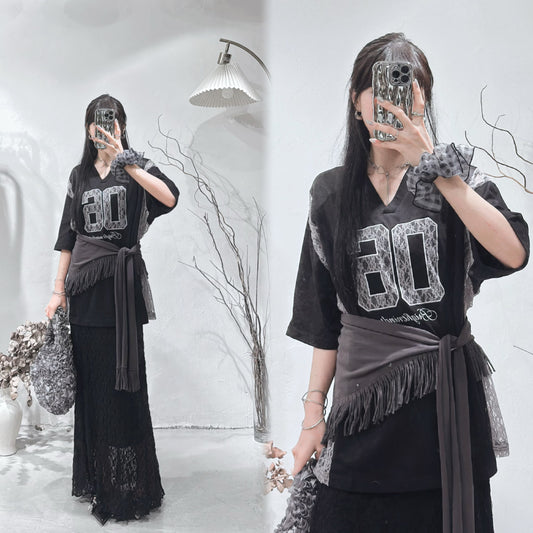 [ 預訂 🪽⋆ ] Lace Spliced Jersey Tee / black