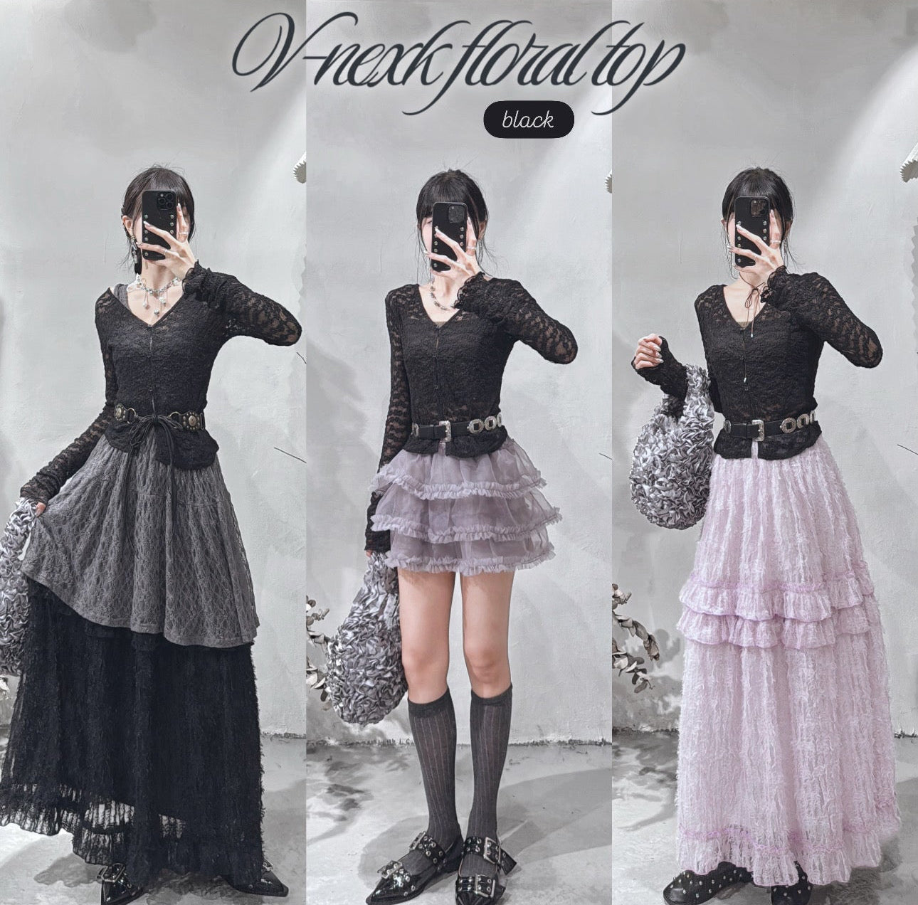 [ 預訂⋆.𐙚 ̊  ] [ 店主自留款！] floral print v-neck top / black