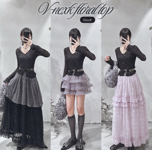 [ 預訂⋆.𐙚 ̊  ] [ 店主自留款！] floral print v-neck top / black