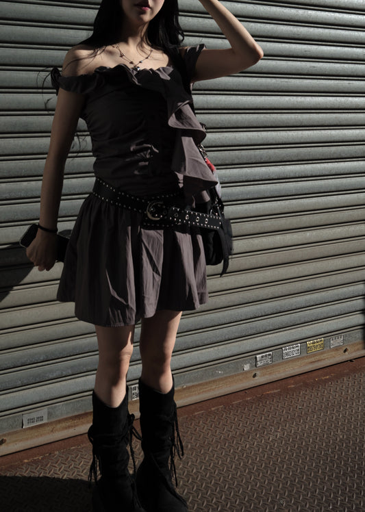 [ 預訂˚.🎀༘⋆ ] Ruffle belted ops / charcoal