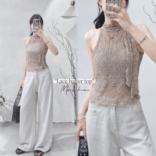[ 預訂   ₊˚⊹♡ ] lace halter top • mocha