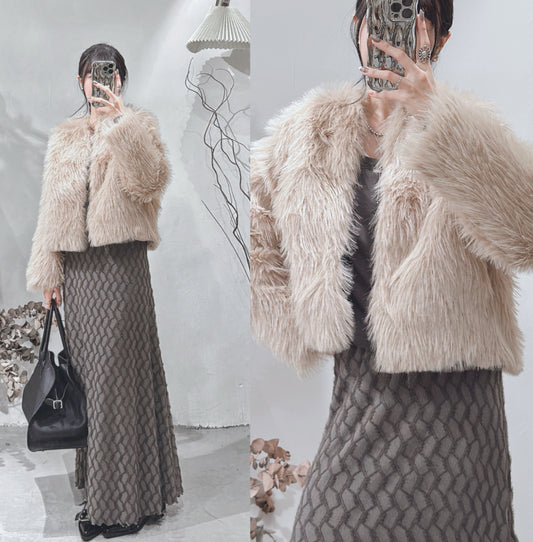 [ 限量現貨 ⋆𐙚 ̊ ] Fur round neck jacket / beige